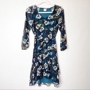 CABI XS Floral Belted Long lined long sleeve dress